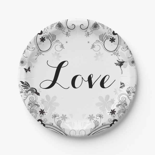 Pretty Flower Garden and Birds ~ Black, White LOVE Paper Plates (Front)