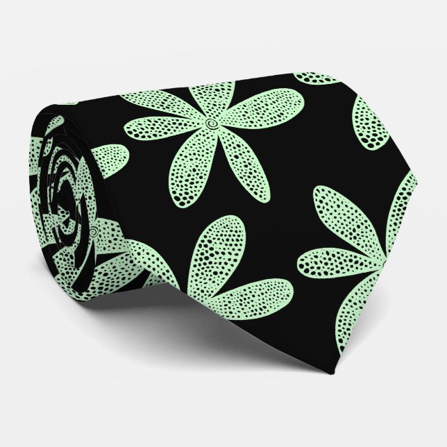 Pretty Flower - Ghost Green on Black Neck Tie (Rolled)