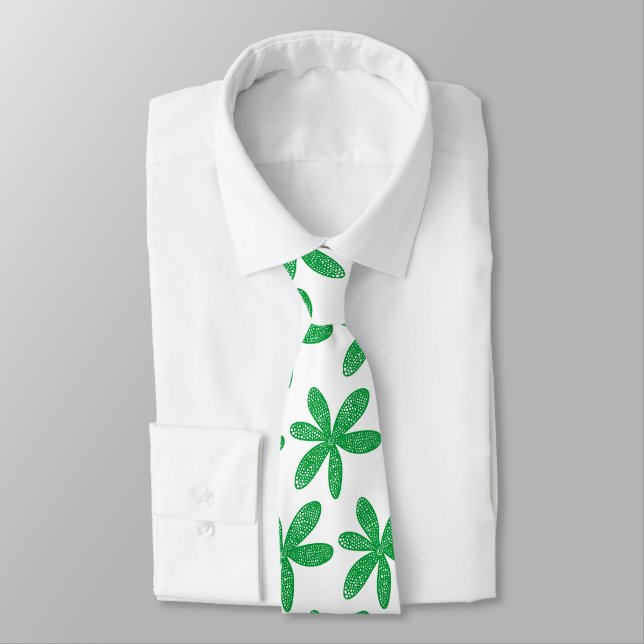 Pretty Flower - Grass Green on White Neck Tie (Tied)