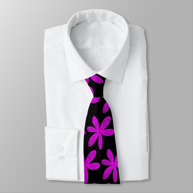 Pretty Flower - Magenta on Black Neck Tie (Tied)