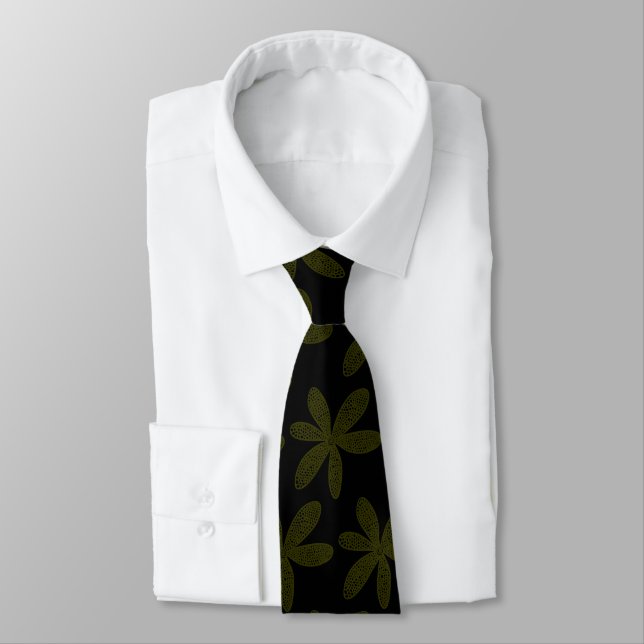 Pretty Flower - Murky Green on Black Neck Tie (Tied)