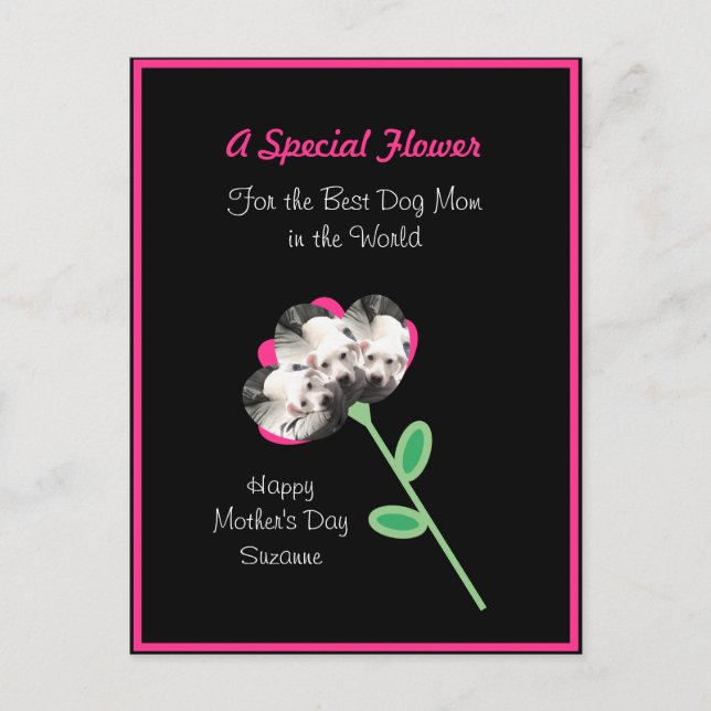 Pretty Flower of Cute Puppy Dog Best Mom Hot Pink  Postcard (Front)