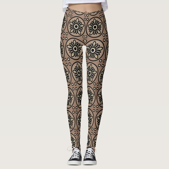 Pretty Flower pattern in Shades of Brown Leggings (Front)