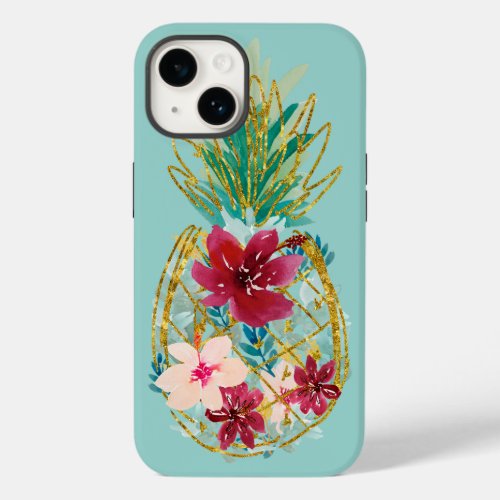 Pretty Flower Pineapple with Faux Gold Glitter Case_Mate iPhone 14 Case