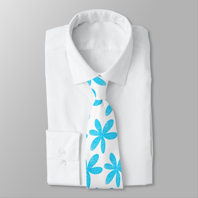 Pretty Flower - Sky Blue on White Neck Tie (Tied)