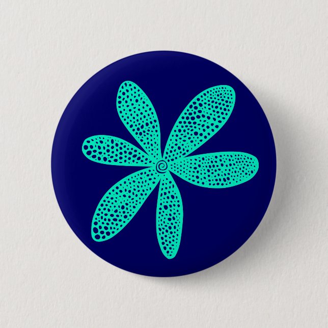 Pretty Flower -  Turquoise on Deep Navy Blue Pinback Button (Front)
