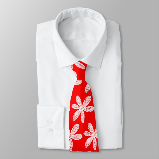 Pretty Flower - White on Red Neck Tie (Tied)