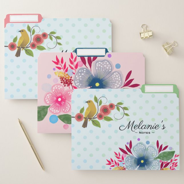 Pretty Flowers and Bird Art Dotty Personalised File Folder (Set)