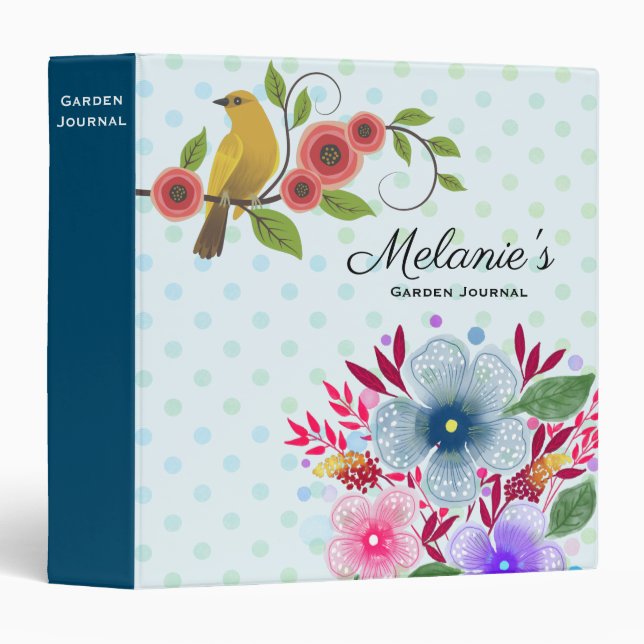 Pretty Flowers and Bird Art Garden Journal 3 Ring Binder (Front/Spine)