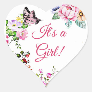 Pretty Flowers and Butterfly Its a Girl Heart Sticker