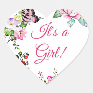 Pretty Flowers and Butterfly Its a Girl Heart Sticker