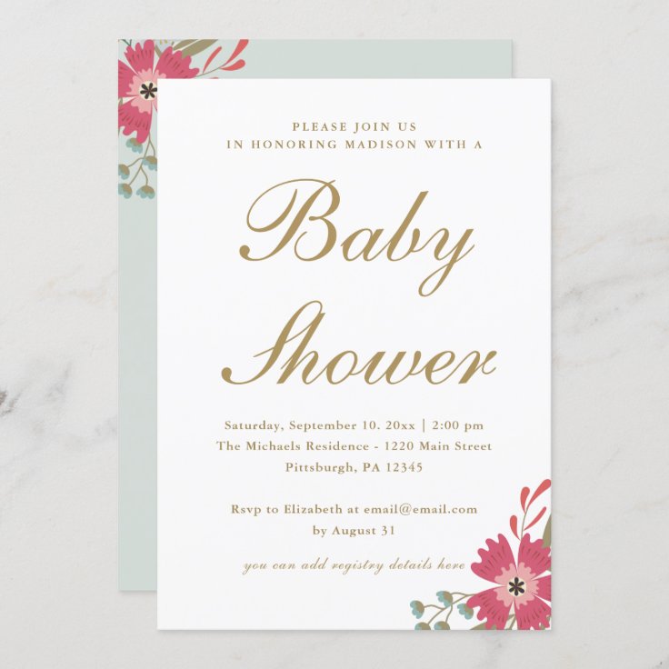 Pretty Flowers and Mint Green Baby Shower Invitation Zazzle