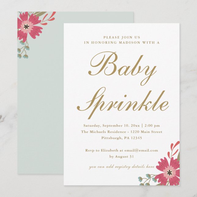 Pretty Flowers and Mint Green Baby Sprinkle Invitation (Front/Back)