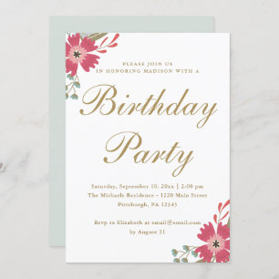 Pretty Flowers and Mint Green Birthday Party Invitation