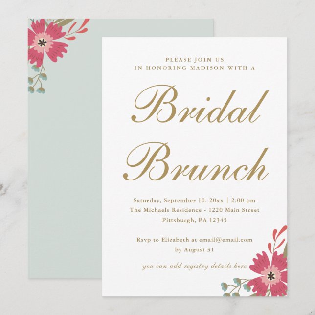Pretty Flowers and Mint Green Bridal Brunch Invitation (Front/Back)