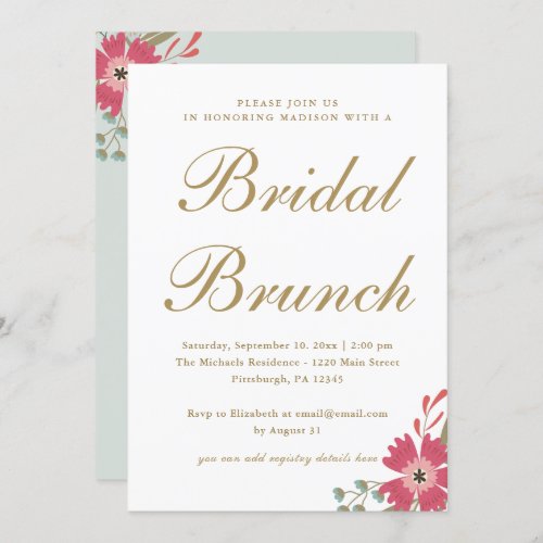 Pretty Flowers and Mint Green Bridal Brunch Invitation
