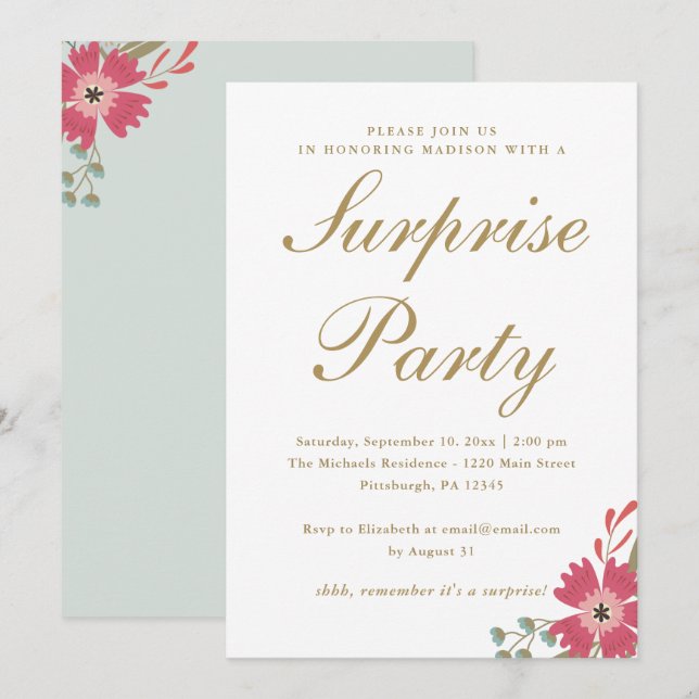 Pretty Flowers and Mint Green Surprise Party Invitation (Front/Back)