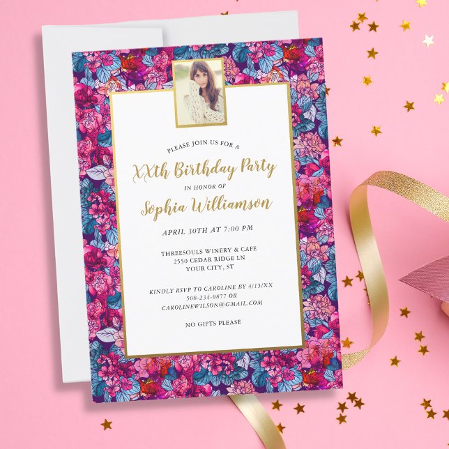 Pretty Flowers, Any Age, Add Photo, Birthday Party Invitation (Creator Uploaded)