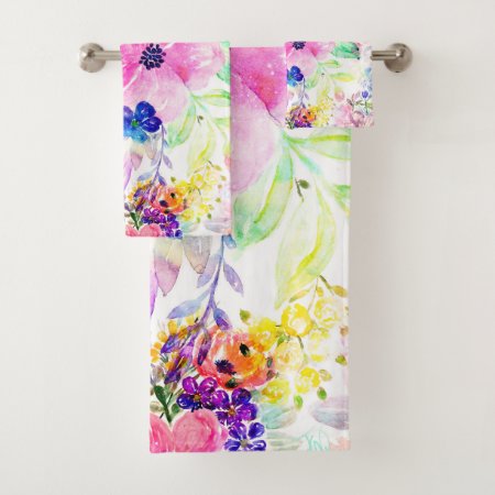 Pretty Flowers Boho Floral Watercolor Design Bath Towel Set