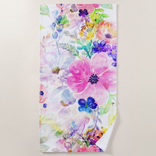 Pretty Flowers Boho Floral Watercolor Design Beach Towel