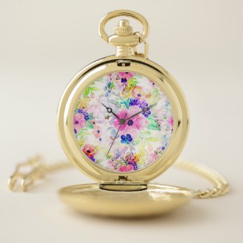Pretty Flowers Boho Floral Watercolor Design Pocket Watch by InovArtS at Zazzle