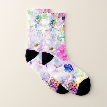Pretty Flowers Boho Floral Watercolor Design Socks by InovArtS at Zazzle