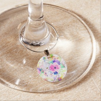 Pretty Flowers Boho Floral Watercolor Design Wine Charm by InovArtS at Zazzle