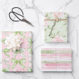 Pretty Flowers Bows Mint Pink Stripes Birthday Wrapping Paper Sheets