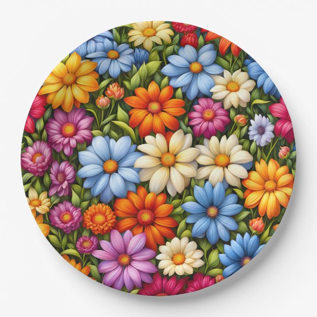 Pretty Flowers, Brightly Colored, Paper Plates (Front)