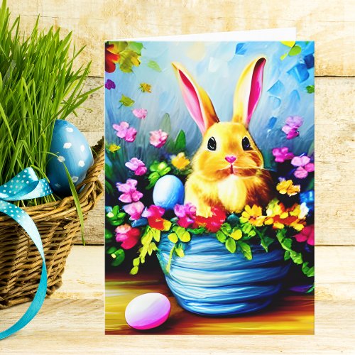 Pretty Flowers Bunny Rabbit and Easter Eggs Holiday Card