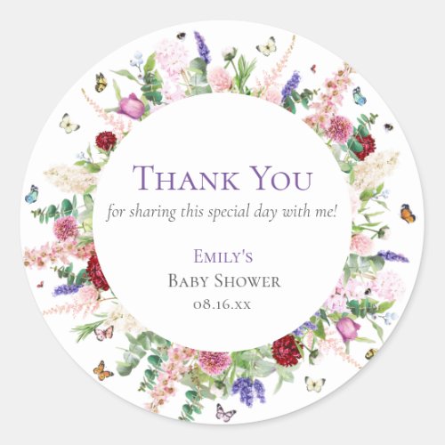 Pretty Flowers  Butterflies Thank You Baby Shower Classic Round Sticker