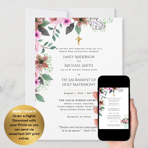 Pretty Flowers  Catholic Nuptial Mass Wedding Invitation