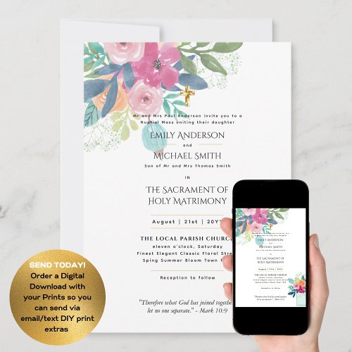 Pretty Flowers  Catholic Nuptial Mass Wedding Invitation