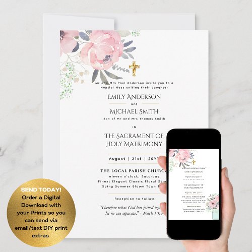 Pretty Flowers  Catholic Nuptial Mass Wedding Invitation