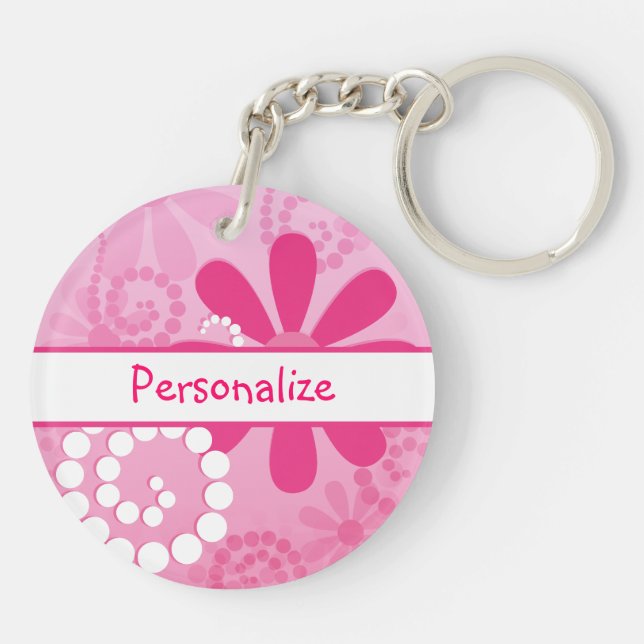 Pretty Flowers Cute Pink Retro Daisies With Name Keychain (Back)