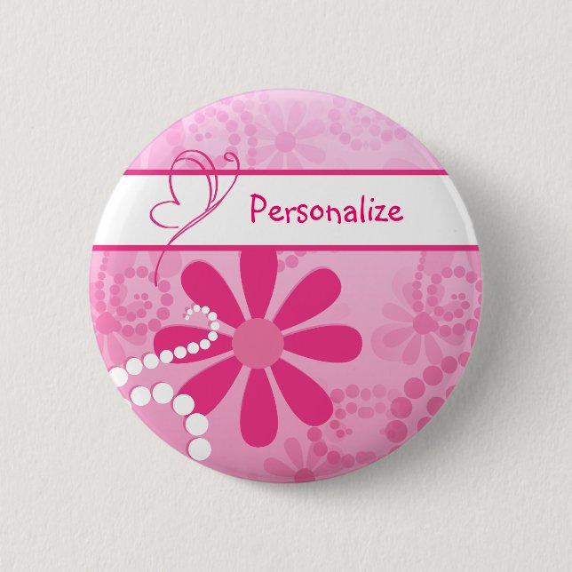 Pretty Flowers Cute Pink Retro Daisies With Name Pinback Button (Front)