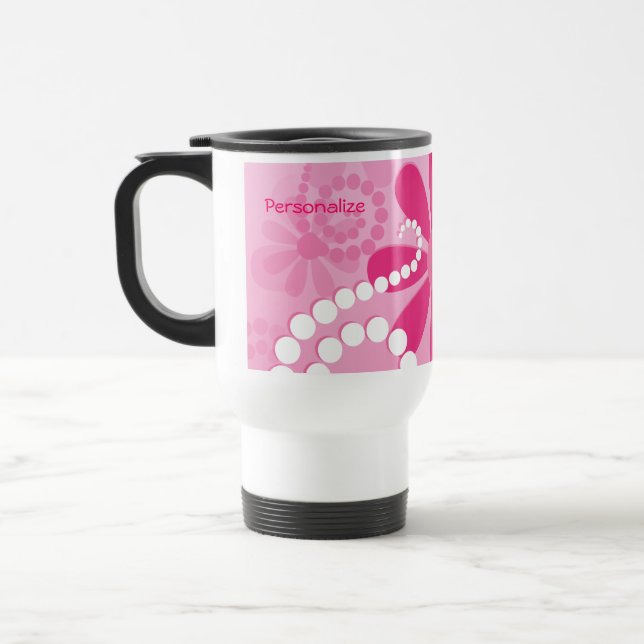 Pretty Flowers Cute Pink Retro Daisies With Name Travel Mug (Left)
