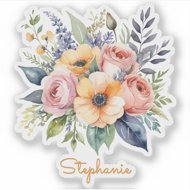 Pretty Flowers Floral Design Custom Name Sticker (Front)
