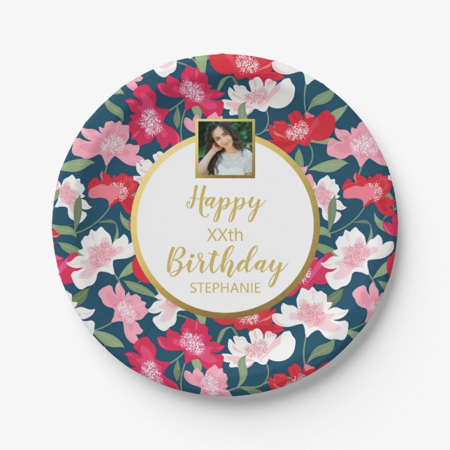 Pretty Flowers, Happy Birthday, Custom Photo Text  Paper Plates (Front)