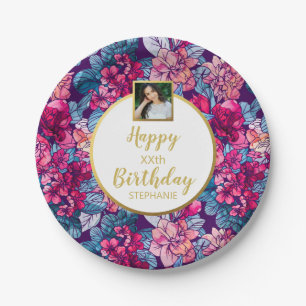 Pretty Flowers, Happy Birthday, Custom Photo Text Paper Plates