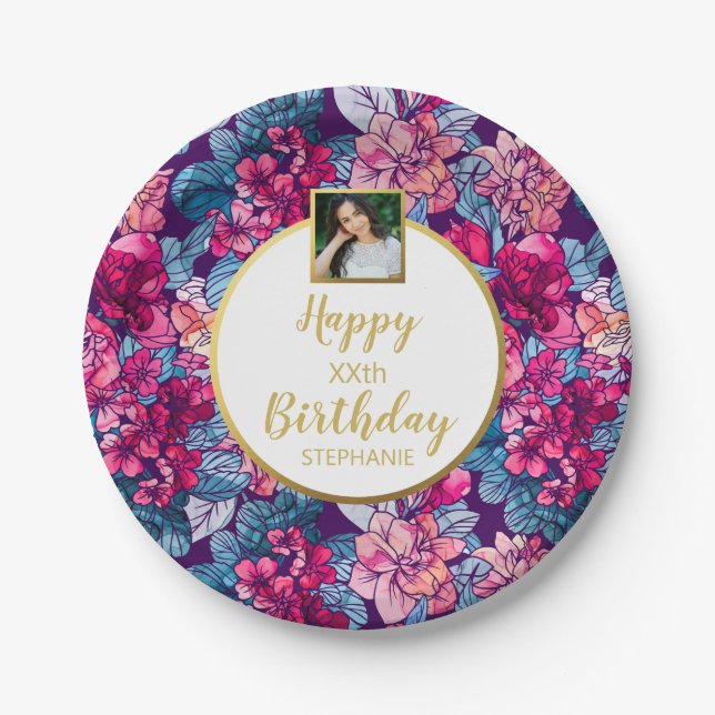 Pretty Flowers, Happy Birthday, Custom Photo Text Paper Plates (Front)