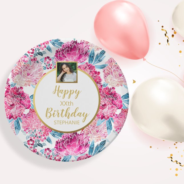 Pretty Flowers, Happy Birthday, Custom Photo Text  Paper Plates (Creator Uploaded)