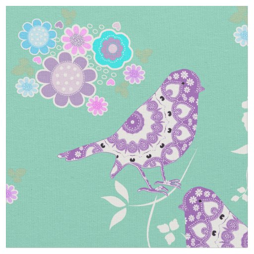 Pretty Flowers Hearts And Patterned Birds Fabric