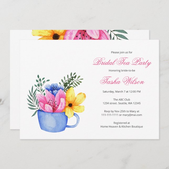 Pretty Flowers in a Teacup Bridal Shower Tea Party Invitation (Front/Back)