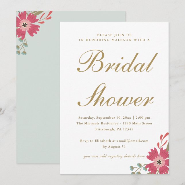 Pretty Flowers Mint Green Bridal Shower Invitation (Front/Back)