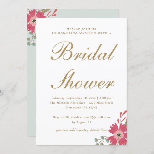 Pretty Flowers Mint Green Bridal Shower Invitation