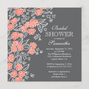 Pretty Flowers Modern Gray & Coral Bridal Shower Invitation