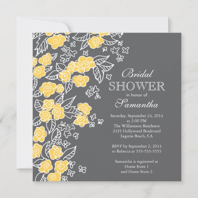 Pretty Flowers Modern Gray & Yellow Bridal Shower Invitation (Front)