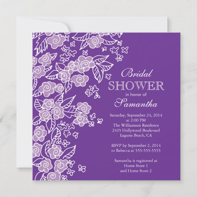 Pretty Flowers Modern Purple & white Bridal Shower Invitation (Front)
