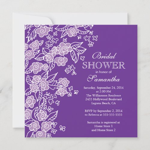 Pretty Flowers Modern Purple &amp; white Bridal Shower Personalized Invitations